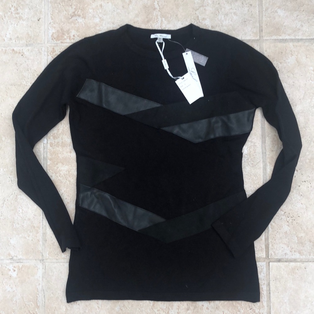 Fine gauge ladies sweater with leather trim